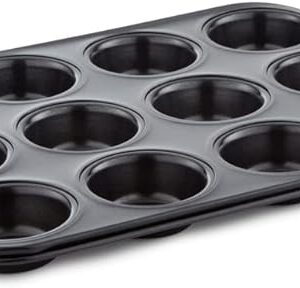 Tower T943006HG7 27cm Deep Muffin Tin with 12 Moulds Made in Aluminized Steel with a Non-Stick Coating, Black